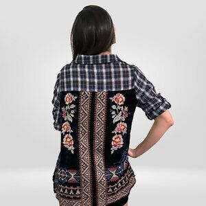 Blue Plaid Button-up with velvet and embroidered design.